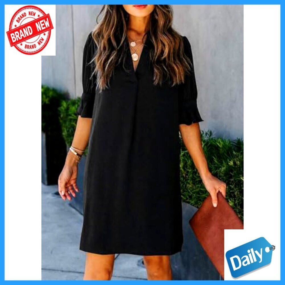 V-Neck Ruffle Short Sleeve Shift Dress, Polyester Casual Summer Wear - Picture 4 of 7